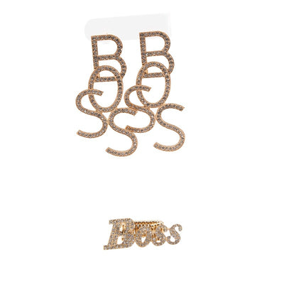 Boss drop down rhinestone earrings and boss rhinestone ring set (2 colors) Fearless Accessories Gold