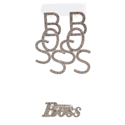 Boss drop down rhinestone earrings and boss rhinestone ring set (2 colors) Fearless Accessories Silver