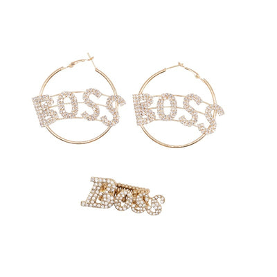 Boss hoop rhinestone earrings and boss rhinestone ring set (2 colors) Fearless Accessories Gold