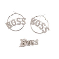 Boss hoop rhinestone earrings and boss rhinestone stretch band ring set (2 colors)