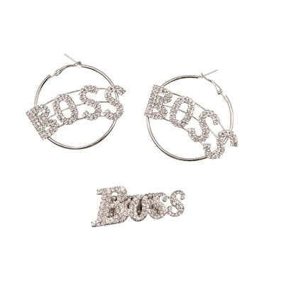 Boss hoop rhinestone earrings and boss rhinestone ring set (2 colors) Fearless Accessories Silver