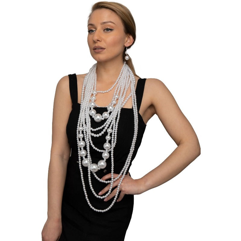 Kailani long gold multi-layer pearl necklace and earring set (2 Colors) Necklace Fearless Accessories White