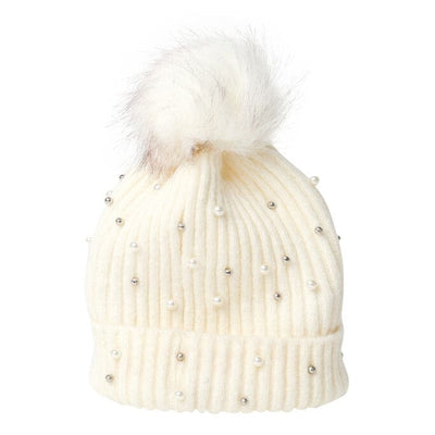 Pearl and stud detachable pom pom beanie (4 Colors) HATS Fearless Accessories Cream