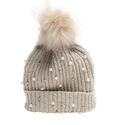 Pearl and stud detachable pom pom beanie (4 Colors) HATS Fearless Accessories Tan
