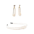 Pearlosity headband and pearl and rhinestone safety pin earrings set