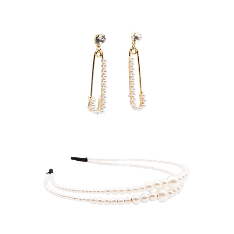 Pearlosity headband and pearl and rhinestone safety pin earrings set Fearless Accessories 
