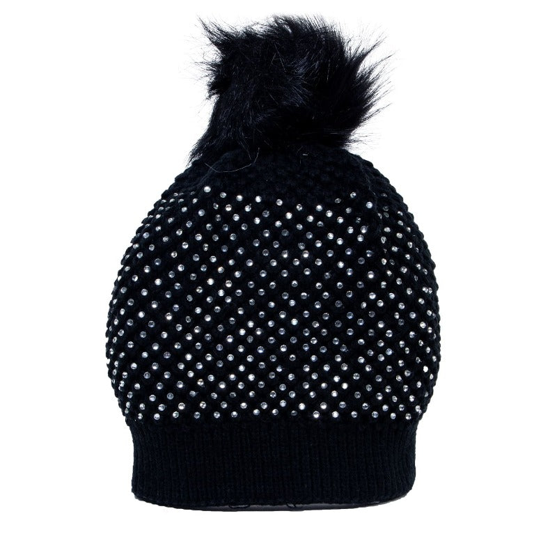 Chill out rhinestone detachable pom pom beanie (Black) HATS Fearless Accessories 