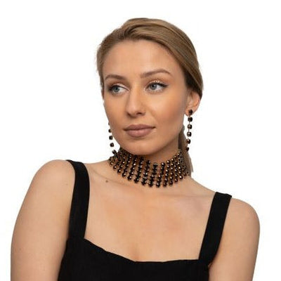 Crescent gold and black rhinestone choker and earrings set Necklace Fearless Accessories
